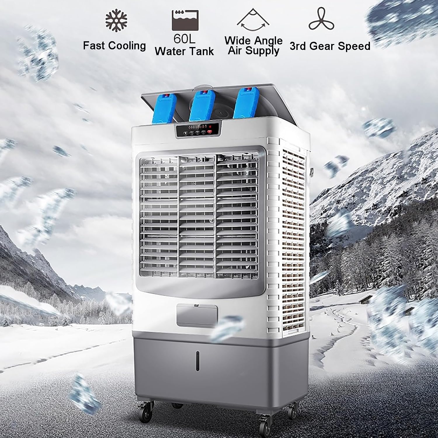 GENERIC Ventilateur De Refroidisseur évaporatif Portable, Climatiseur De Marais à 3 Vitesses Avec 120 Tête Oscillantes, Réservoir D'eau 55L Et Cristaux De Glace, Moteur Puissant Pour Le Refroidissement Effica