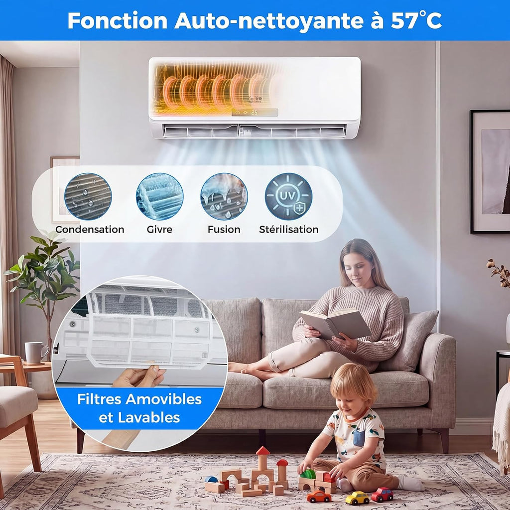  COSTWAY Climatiseur Reversible 18000 BTU 5,1 KW, Climatiseur Split R32, Chauffage, Refroidissement, Déshumidification, Clim Inverter Silencieux 19 DB, Auto-Nettoyage (18000 BTU|5,1 KW - Blanc Wifi)