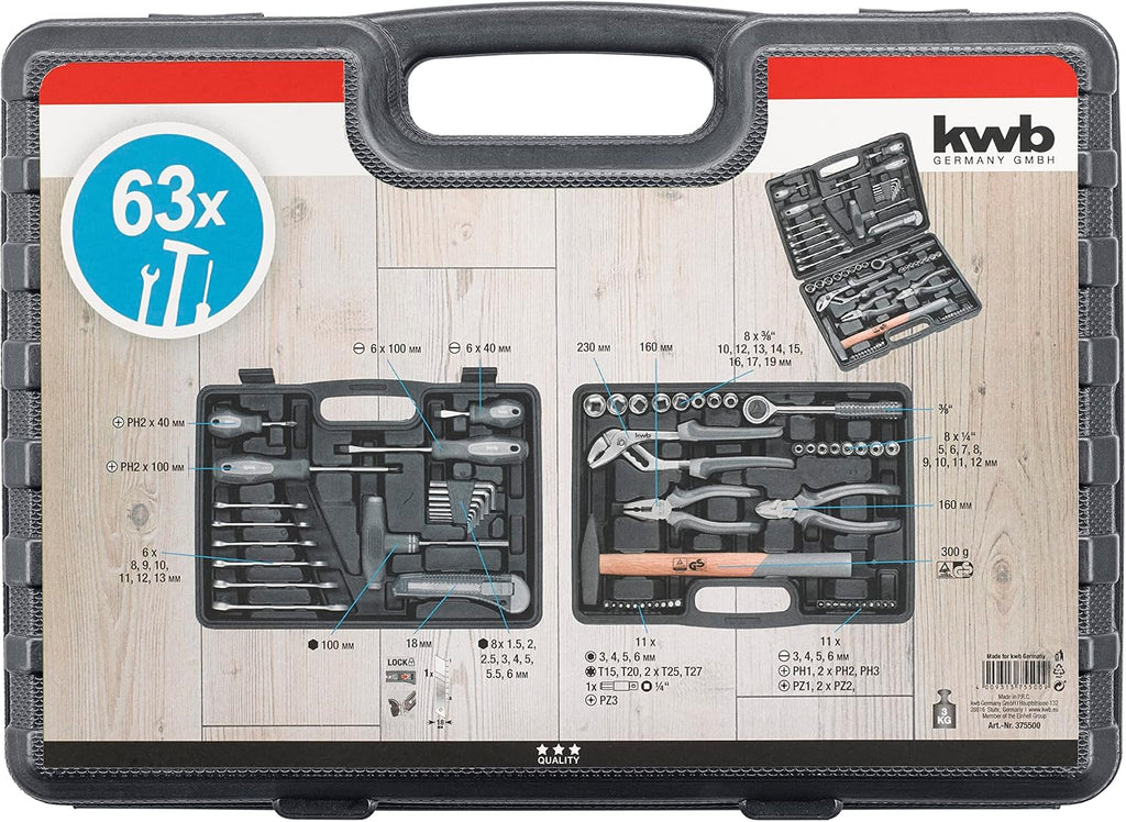  Mallette à Outils KWB En Plastique Dur Et Robuste De 63 Outils De Qualité Supérieure. Equipement Essentiel Pour Les Usages Quotidien Et/ou D'atelier