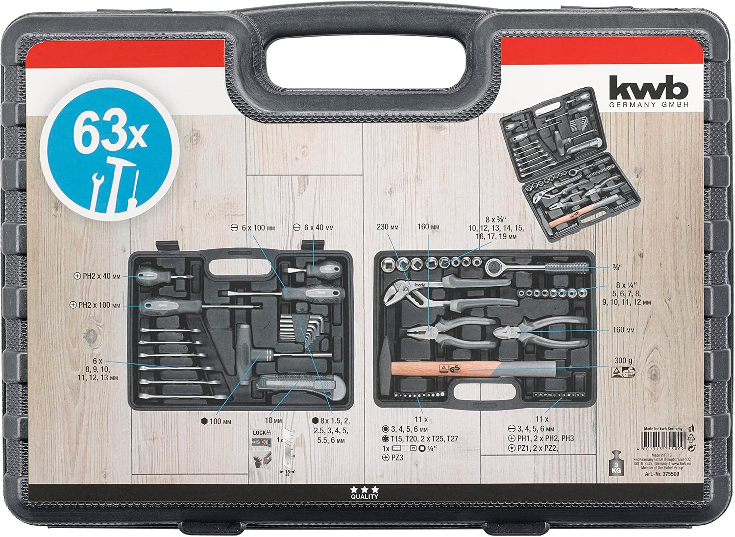  Mallette à Outils KWB En Plastique Dur Et Robuste De 63 Outils De Qualité Supérieure. Equipement Essentiel Pour Les Usages Quotidien Et/ou D'atelier